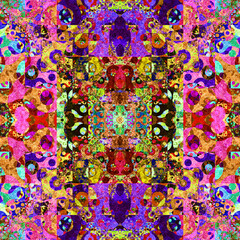 Composición de arte digital psicodélico consistente en formas aleatorias en colores estridentes en un todo simétrico en lo que parece ser un azulejo complejo con efecto caleidoscópico.