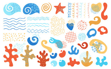 Abstract shape marine objects set. Organic forms underwater ocean world, seaweed, coral reef with grunge texture. Modern trendy scribble shapes collage with wave, scrapbook collection. Isolated vector © neliakott
