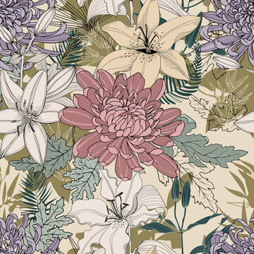 Lilies and chrysanthemums seamless pattern