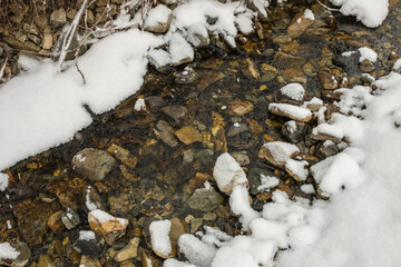 A stream in the snow in winter.