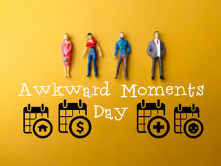 Miniature people and icon with text Awkward Moments Day on yellow background.