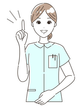 指さしポーズで説明する看護師（医療従事者）のイラスト素材（上半身）