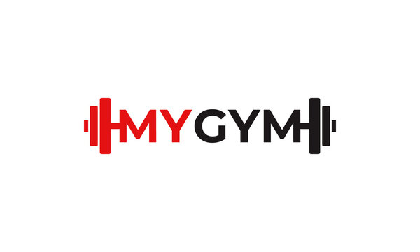 vector graphic illustration logo design for combination barbell and my gym typography with red black color
