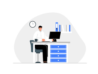Serious male worker sit in front of computer working in office. Ai vector illustration