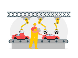 Robotic car machine for car assembly line. Automatic production with conveyor line. An officer oversees the course of production. Ai vector illustration