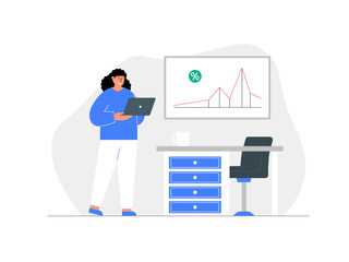 A business worker stands holding a laptop to match the results with the displayed chart. Ai vector illustration