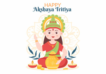 Akshaya Tritiya Festival with a Golden Kalash, Pot and Gold Coins for Dhanteras Celebration with Maa Lakshmi on Indian in Decorated Background Template Illustration