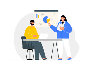 They have a business meeting. A woman standing explaining about business strategy through charts. Ai vector illustration