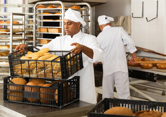 male baker with sesame bread in black box in kitchen