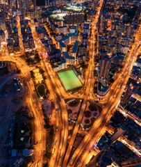 Hong Kong 29 Jun 2019: Aerial view of Night of Kowloon, Light in streets and highway