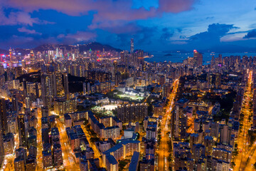 Hong Kong 29 Jun 2019: Aerial view of Night of Kowloon, Light in streets and highway