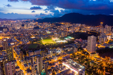 Fototapeta premium Hong Kong 29 Jun 2019: Aerial view of Night of Kowloon, Light in streets and highway