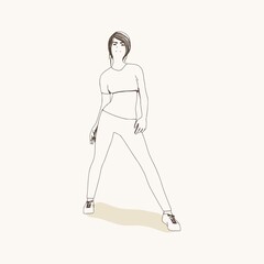 Standing woman. Sport girl illustration. Casual sportwear - t-shirt, breeches and sneakers. Young woman wearing workout clothes. Sport fashion girl outline in urban casual style.