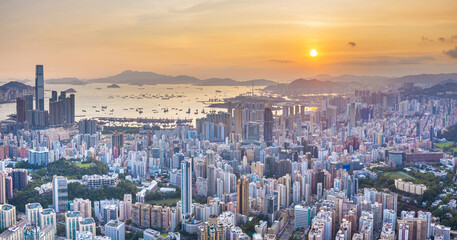 Sunset of Victoria Harbor, cityscape of Hong Kong