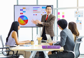 Asian professional successful businessman manager standing showing company growth profit target graph chart presentation on computer monitor to young male and female colleagues in office meeting room