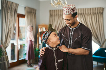 instilling important values in my son. Shot of a muslim father embracing his son.