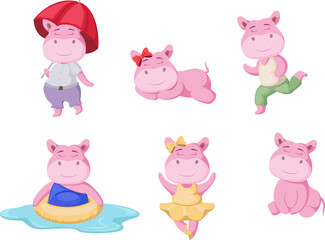 Obraz premium Cute hippos cartoon collection with different activities