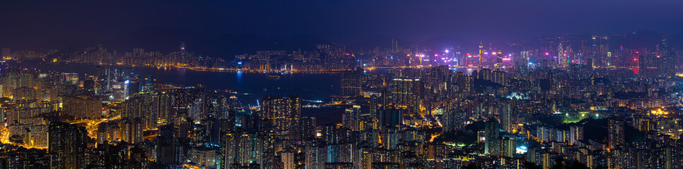 panorama view of Night of Kowloon, residential and downtown area, Hong Kong