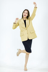 Studio isolated cutout full body shot of Asian young happy female businesswoman in stylish formal...