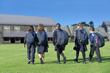 School students group walking together to school - obrazy, fototapety, plakaty