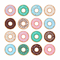 Donuts set. A large collection of donuts, poured with various glazes. Sweet dessert, fast food. Vector illustration isolated on a white background