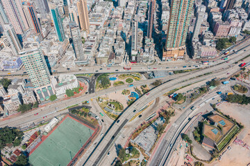 Fototapeta premium Highway in Residential are, kowloon, Hong Kong, aerial view