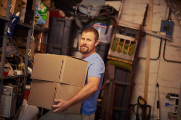 Hes on top of the moving game. Portrait of a young man packing boxes.