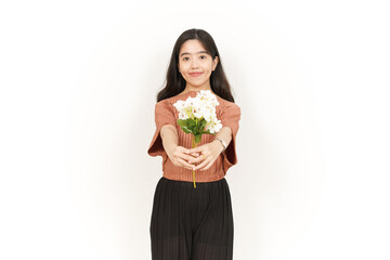 Holding and Give a Flower Of Beautiful Asian Woman Isolated On White Background