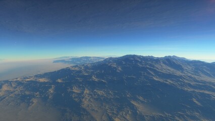 alien planet landscape sci fi spatial background, view from planet surface with spectacular sky, realistic digital illustration