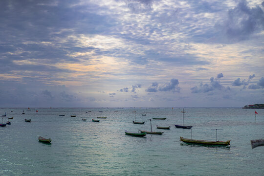 Fishing boats at sunset on the ocean, Nusa Lembongan. Nature background.