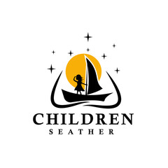 Children's zone vector design logo - Illustration of sailing ship silhouette with and small characters. Vector illustration