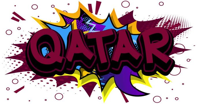 Qatar. Motion poster. 4k animated Comic book word, text moving on abstract comics background. Retro pop art style.
