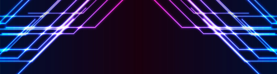 Blue ultraviolet neon geometric lines abstract tech background. Vector banner design