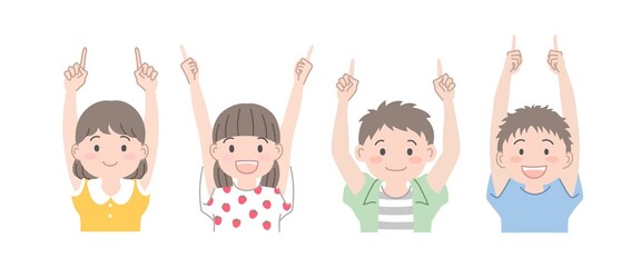 夏服を着て上を指差ししている男の子と女の子