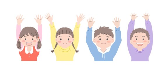 冬服を着て両手を挙げている男の子と女の子