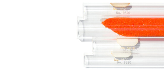 Closeup chemical ingredient on white laboratory table. Potassium Ferricyanide in test tube.
