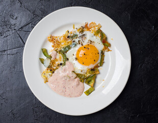 Fried eggs on a round white plate on a black background. View from above