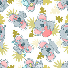 Seamless pattern baby koalas with different emotions and poses. Vector illustration for designs, prints and patterns. Isolated on white background