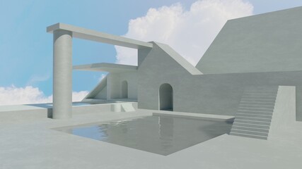 Architected green pool outside landscape scene 3D rendering wallpaper backgrounds