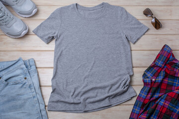 Mens T-shirt mockup with sport shoes and sunglasses