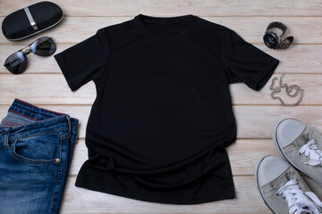 Mens T-shirt mockup with black watch and sunglasses