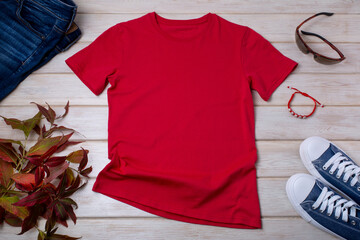 Mens red T-shirt mockup with wild grass and bracelet