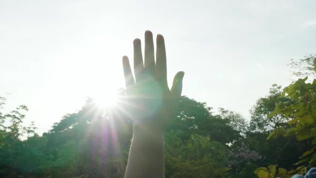 Female hand touching the sun sunset passing through fingers sunlight dream of happiness. Slow motion