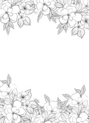 Floral frame. Greeting card design. Composition from botanical elements. Flowers and leaves in line art style.
