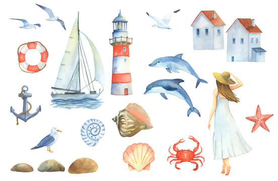 Watercolor set of marine objects. Hand painted lighthouse, sailboat, dolphins and seagulls isolated on white background. Romantic girl in hat with anchor and sea animals.