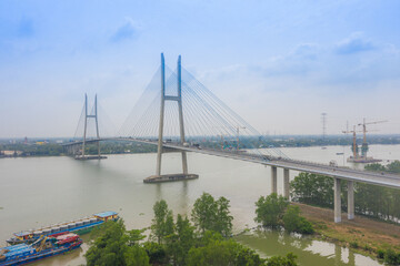 Aerial view of My Thuan bridge, cable-stayed bridge connecting the provinces of Tien Giang and Vinh Long, Vietnam
