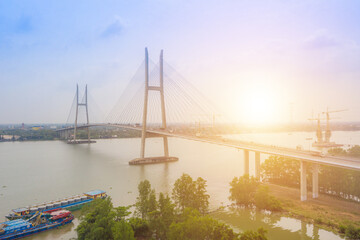 Aerial view of My Thuan bridge, cable-stayed bridge connecting the provinces of Tien Giang and Vinh...