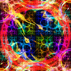 Creación de arte fantástico digital compuesto de anillos coloridos solapados sobre fondo negro formando un conjunto de burbujas prisioneras en esfera dominante. © Pedroml