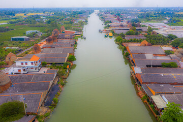 Aerial view of Mang Thit brick kiln in Vinh Long. Burnt clay bricks used in traditional...