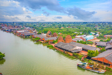 Aerial view of Mang Thit brick kiln in Vinh Long. Burnt clay bricks used in traditional...